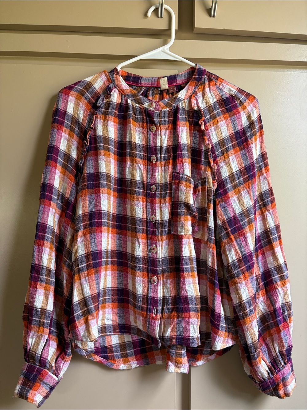 Pilcro Plaid Button-Down Shirt in Purple, Orange & White
